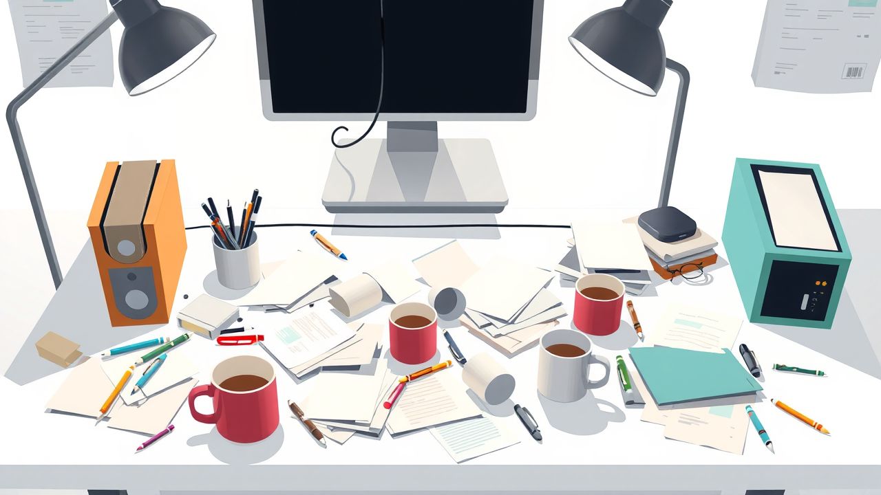 Een rommelig bureau in een modern kantoor.