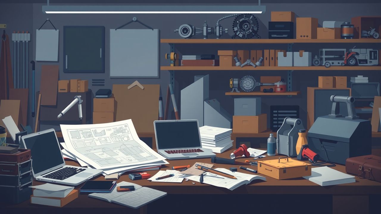 Een rommelig bureau in een werkplaats met gereedschap, blauwdrukken en technische onderdelen.