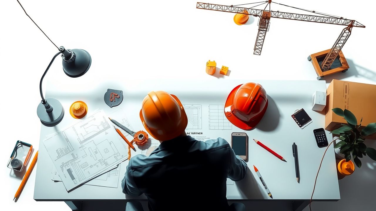 Een industrieel projectmanagerwerkruimte met bouwgerelateerde elementen.