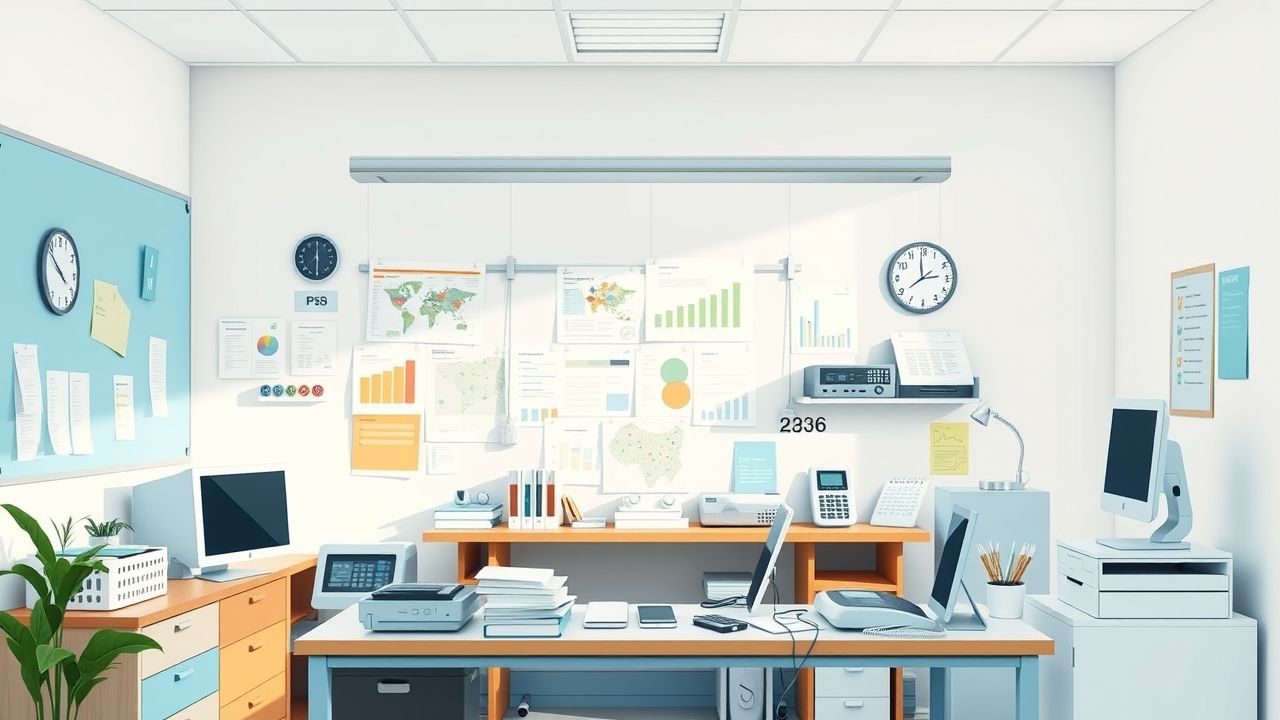 Een kantoor van een projectmanager in een ziekenhuis, met rommelige maar georganiseerde werkplek.