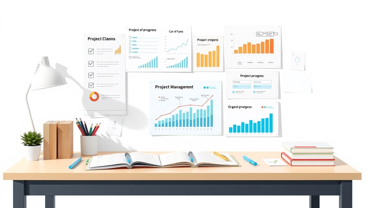Een georganiseerd kantoorbureau met projectplanningstools en een professionele sfeer.