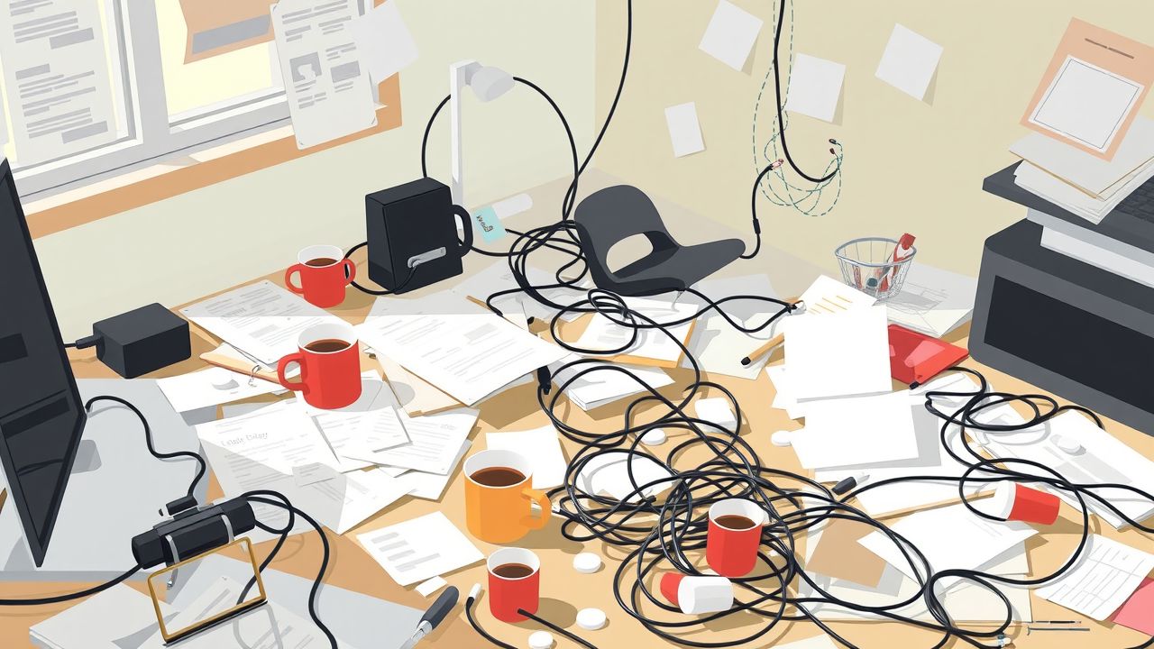 Een rommelige, creatieve werkruimte illustreert de uitdagingen van projectmanagement. Een rommelige, creatieve werkruimte illustreert de uitdagingen van projectmanagement.