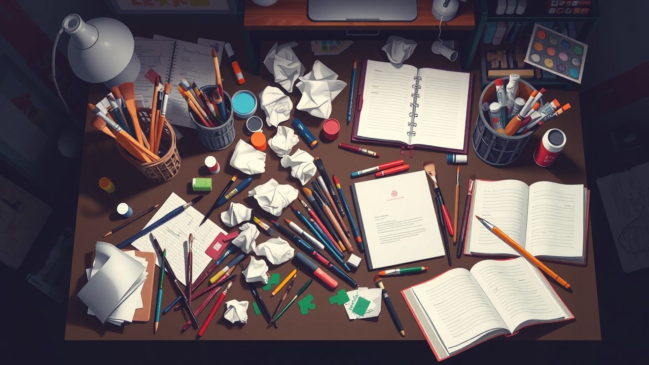Een rommelige creatieve werkplek met verschillende kunstbenodigdheden en open notebooks.