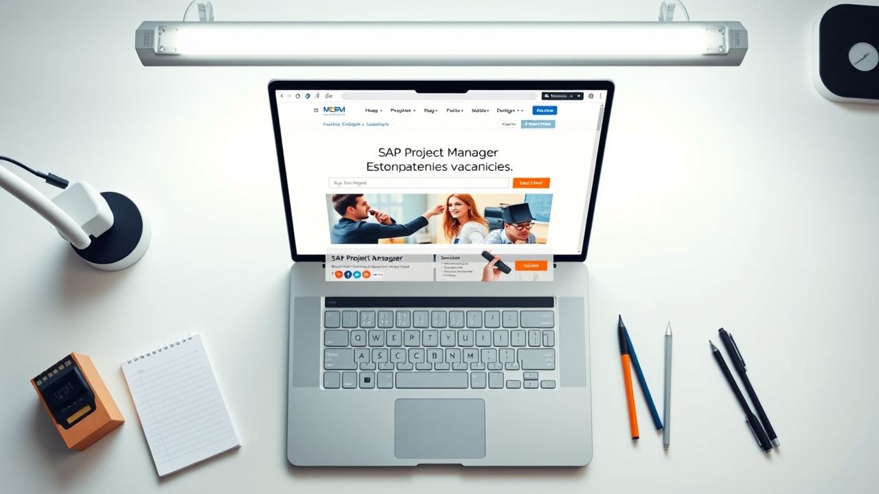 Een laptop op een modern kantoor met een vacaturesite voor SAP Project Managers. Een laptop op een modern kantoor met een vacaturesite voor SAP Project Managers.