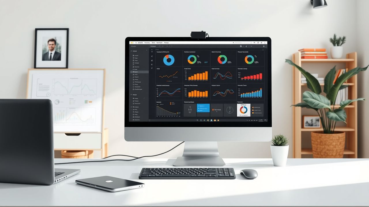 Een modern kantoor met projectplanning en grafieken op computerscherm.