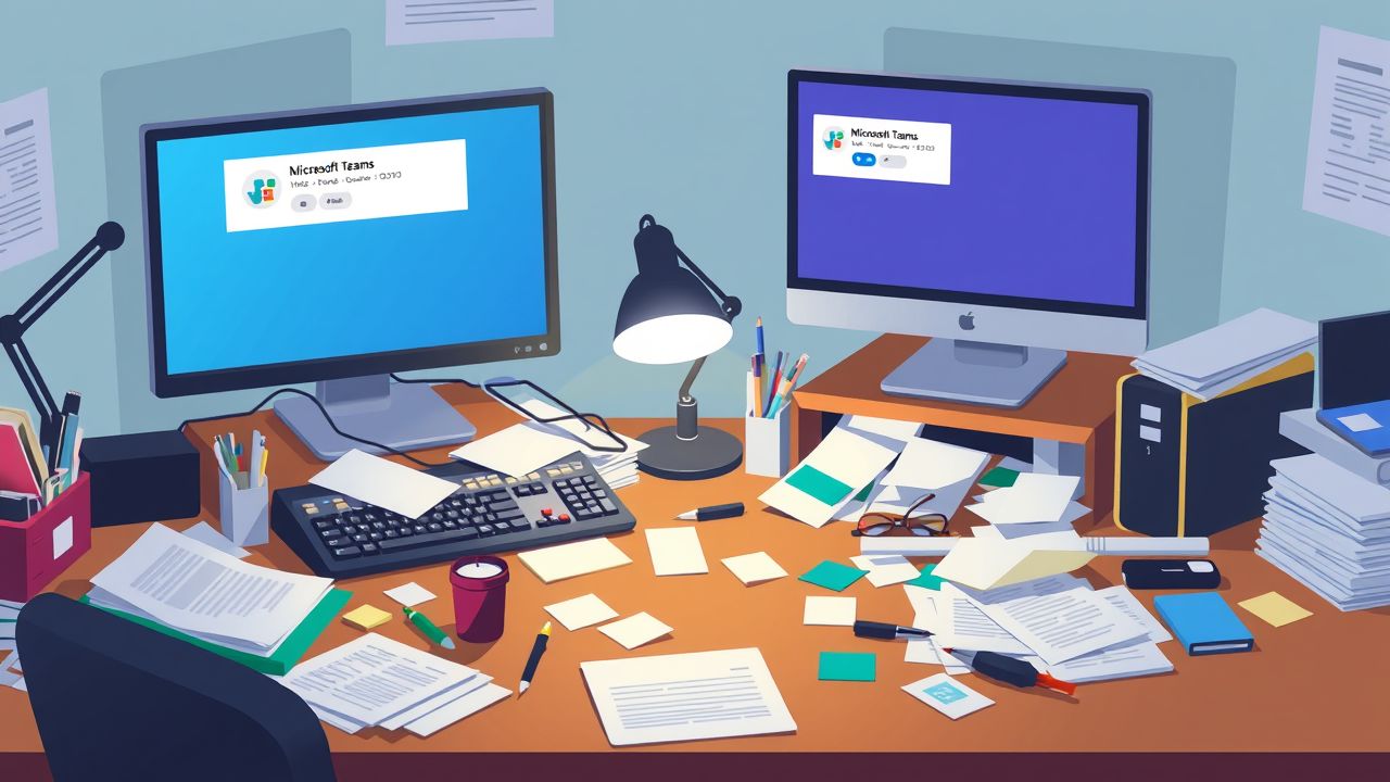 Een rommelig kantoorbureau met meerdere computerschermen en notificaties.